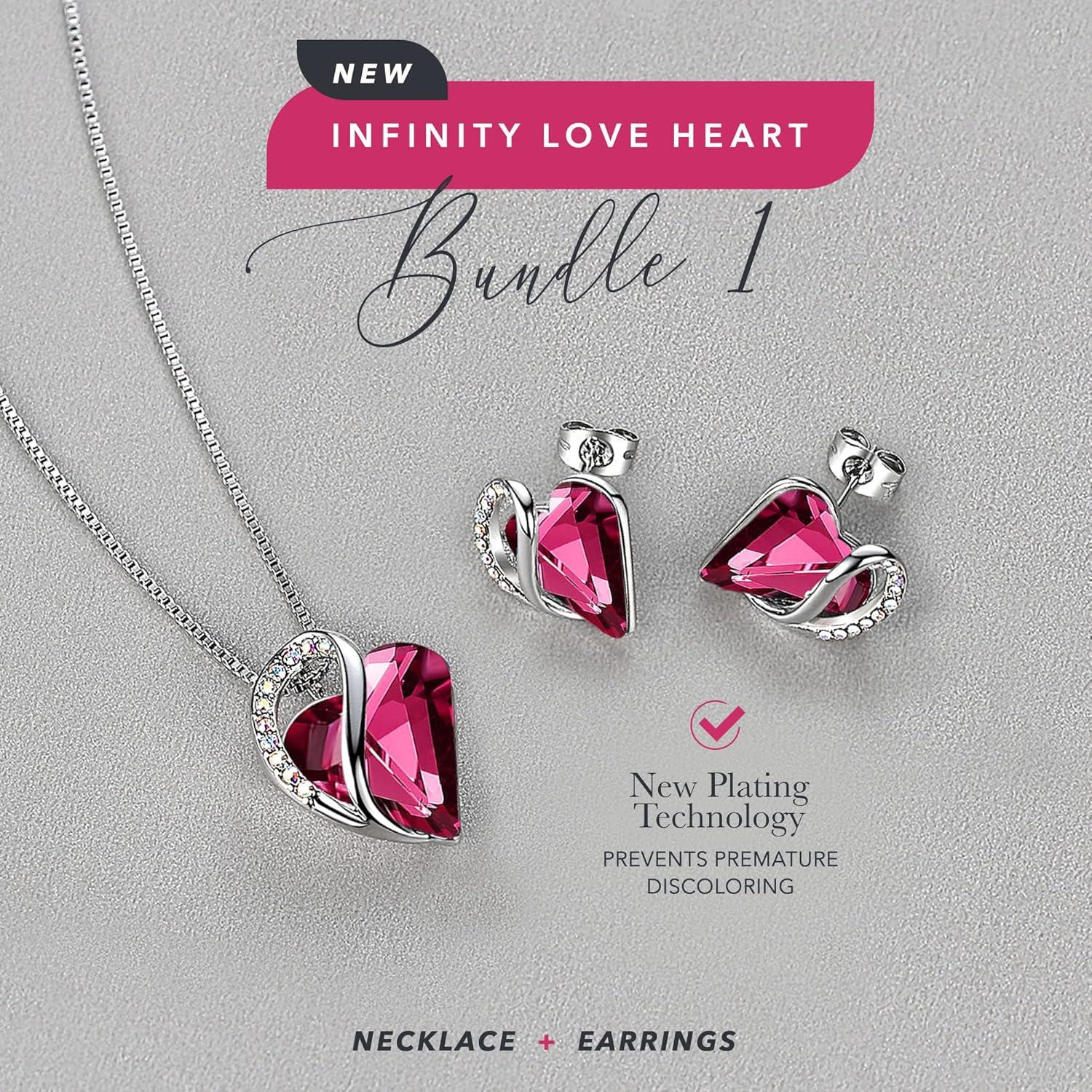 imageLeafael Infinity Love Heart Necklace and Stud Earrings for Women October Birthstone Crystal Jewelry Silver Tone Bundle Gifts for Women Tourmaline Pink