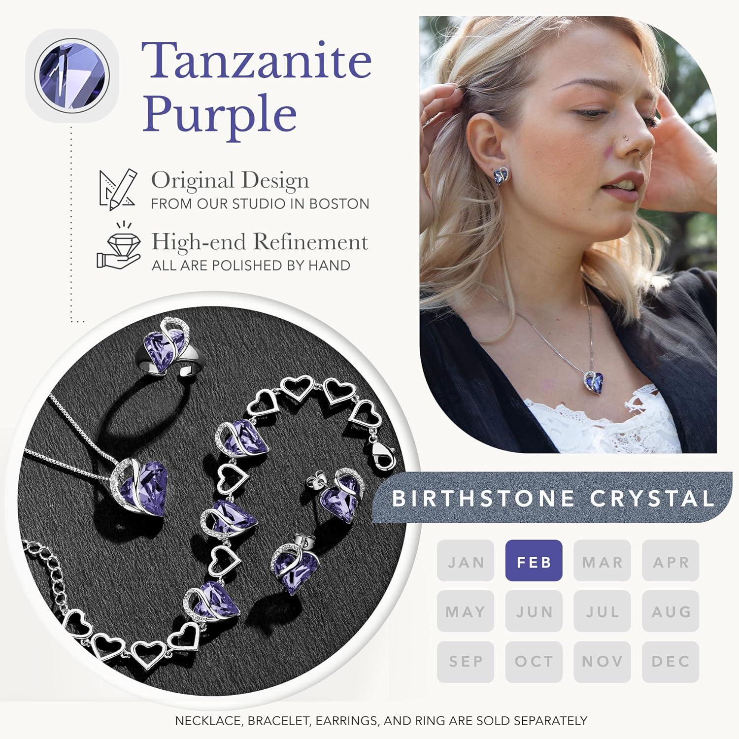 imageLeafael Infinity Love Heart Necklace and Stud Earrings for Women Purple Birthstone Crystal Jewelry Silver Tone Bundle Gifts for Women Tanzanite Purple