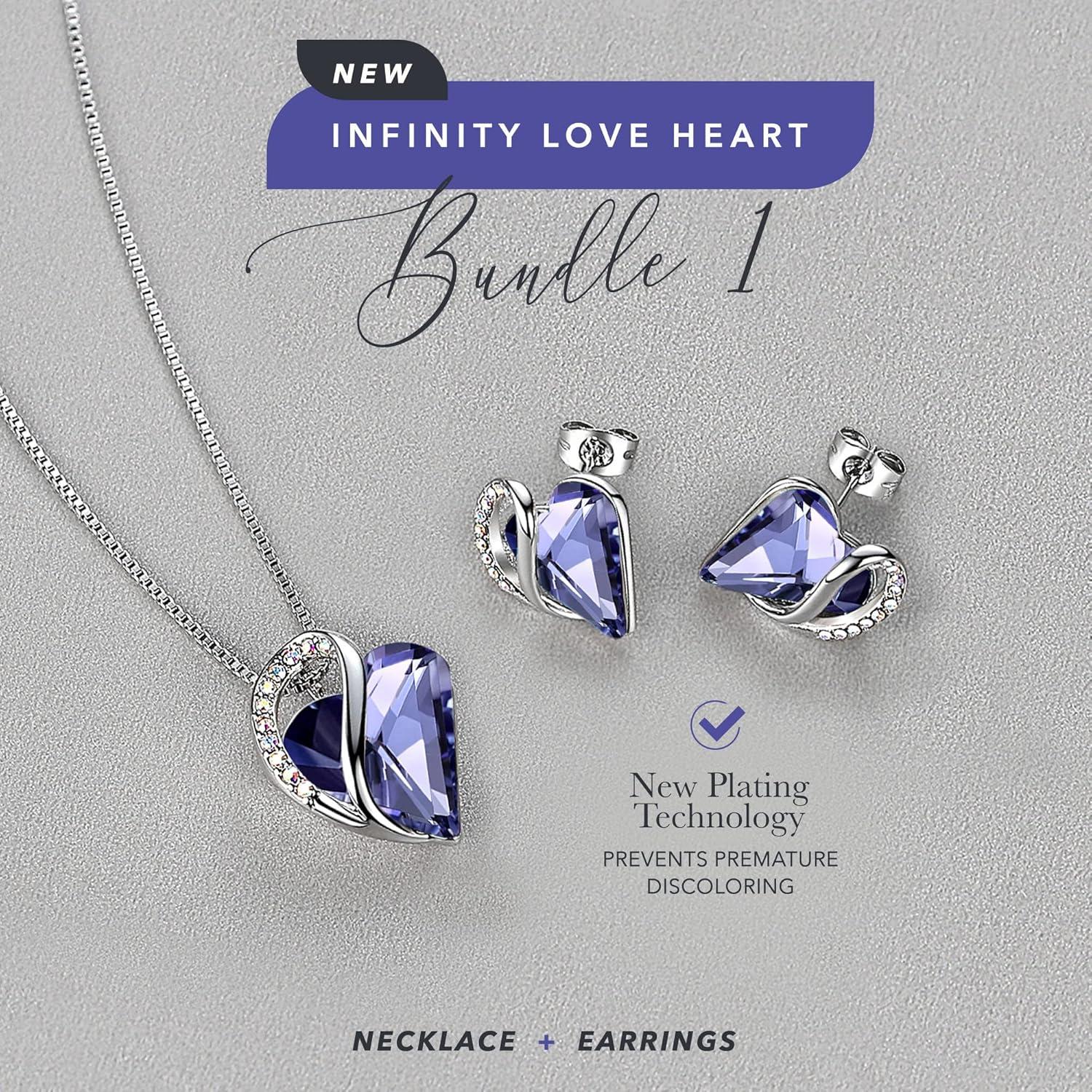 imageLeafael Infinity Love Heart Necklace and Stud Earrings for Women Purple Birthstone Crystal Jewelry Silver Tone Bundle Gifts for Women Tanzanite Purple