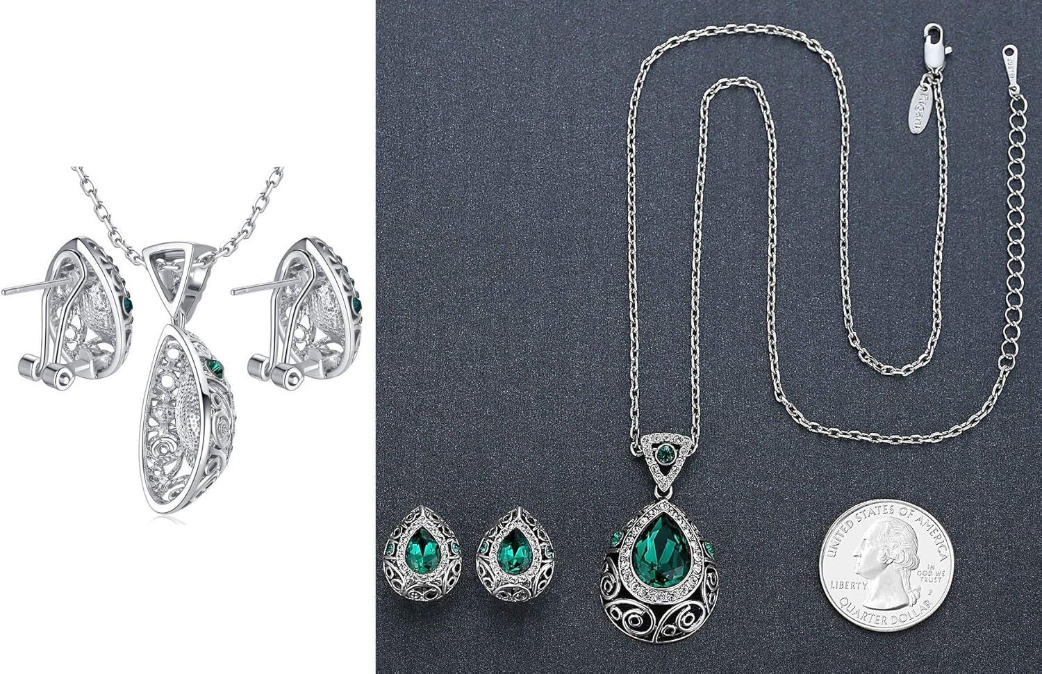 imageLeafael Presented by Miss New York Teardrop Filigree Vintage Style Hypoallergic Jewelry Set Earrings Pendant Necklace Made with Premium Crystals Silvertone 18 2 Gift BoxDark Green CrystalSilvertone Chain