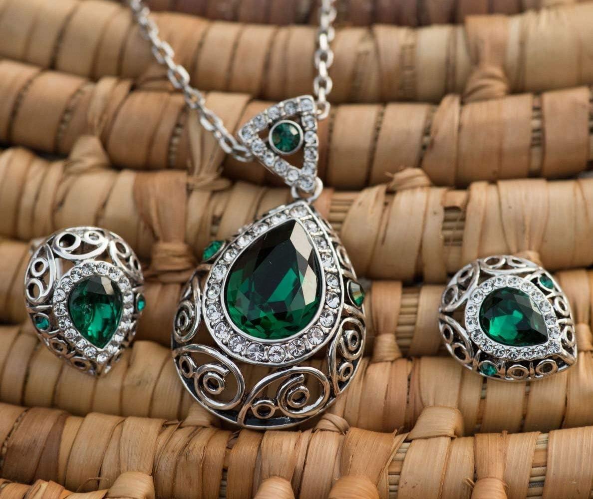 imageLeafael Presented by Miss New York Teardrop Filigree Vintage Style Hypoallergic Jewelry Set Earrings Pendant Necklace Made with Premium Crystals Silvertone 18 2 Gift BoxDark Green CrystalSilvertone Chain