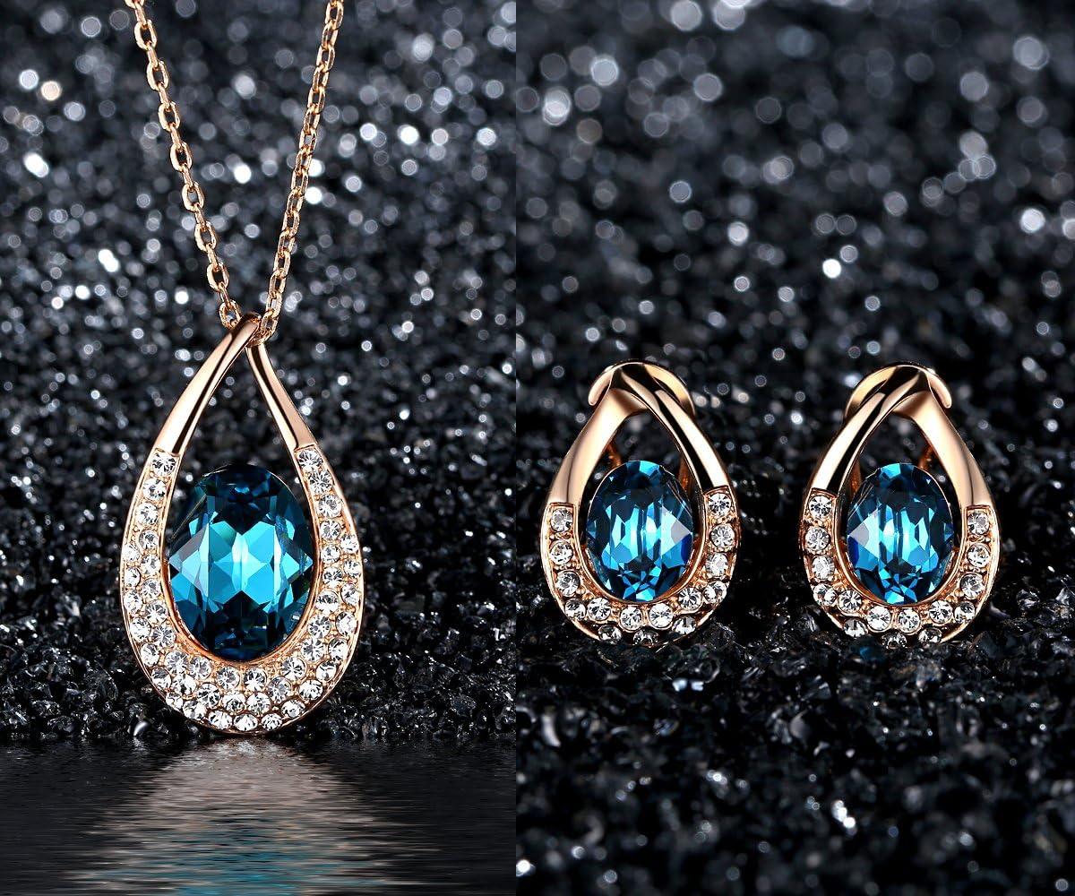 imagePresented by Miss New York Leafael Angels Teardrop Made with Premium Crystals Blue Zircon Jewelry Set Earrings Necklace 18 2 NickelLeadAllergy Free Luxury Gift BoxBlue Main CrystalRose Goldtone Chain