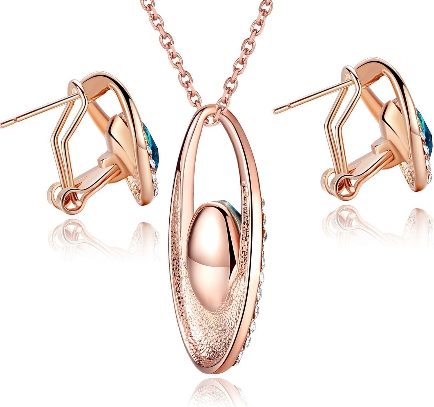 imagePresented by Miss New York Leafael Angels Teardrop Made with Premium Crystals Blue Zircon Jewelry Set Earrings Necklace 18 2 NickelLeadAllergy Free Luxury Gift BoxBlue Main CrystalRose Goldtone Chain