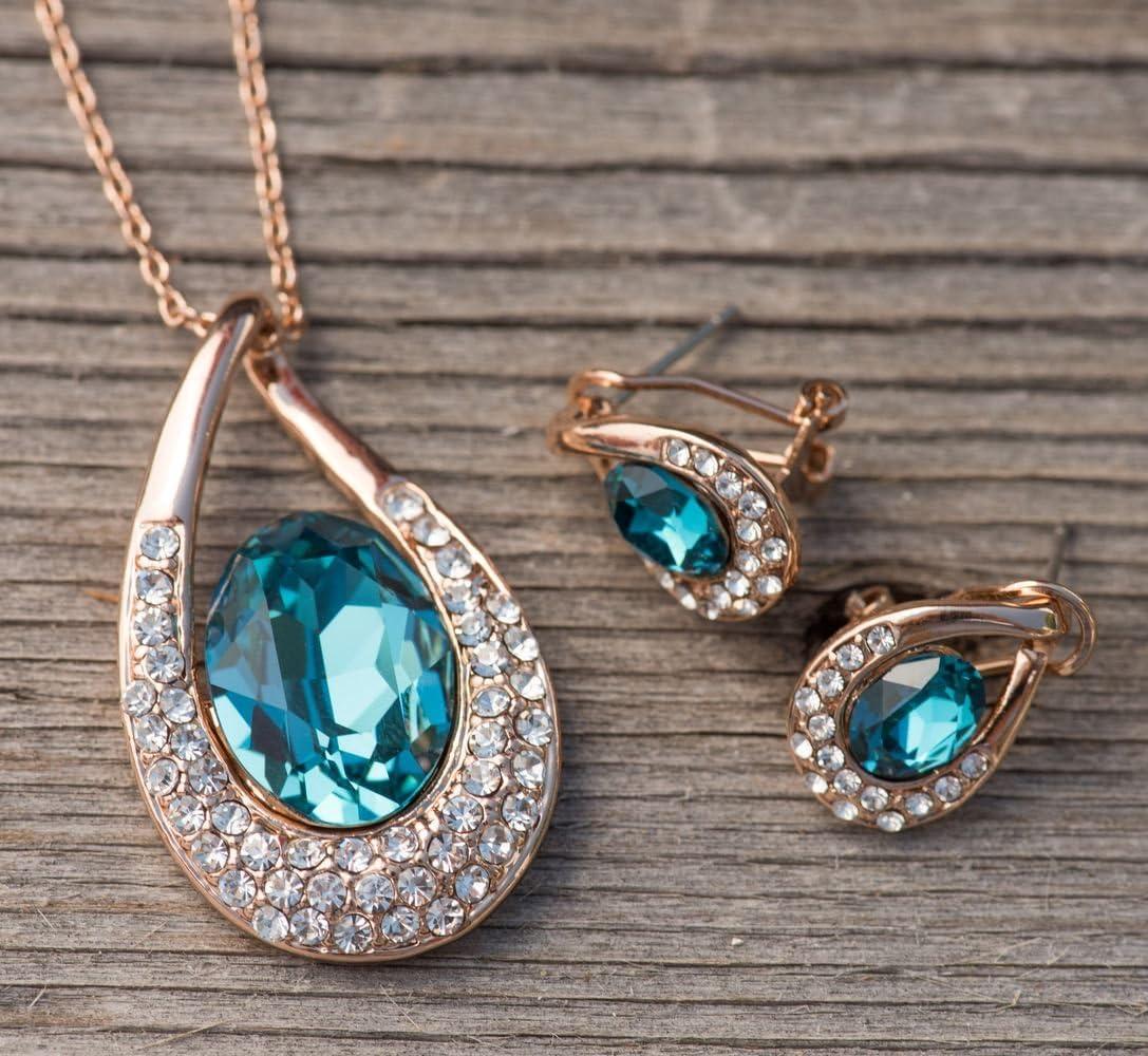 imagePresented by Miss New York Leafael Angels Teardrop Made with Premium Crystals Blue Zircon Jewelry Set Earrings Necklace 18 2 NickelLeadAllergy Free Luxury Gift BoxBlue Main CrystalRose Goldtone Chain