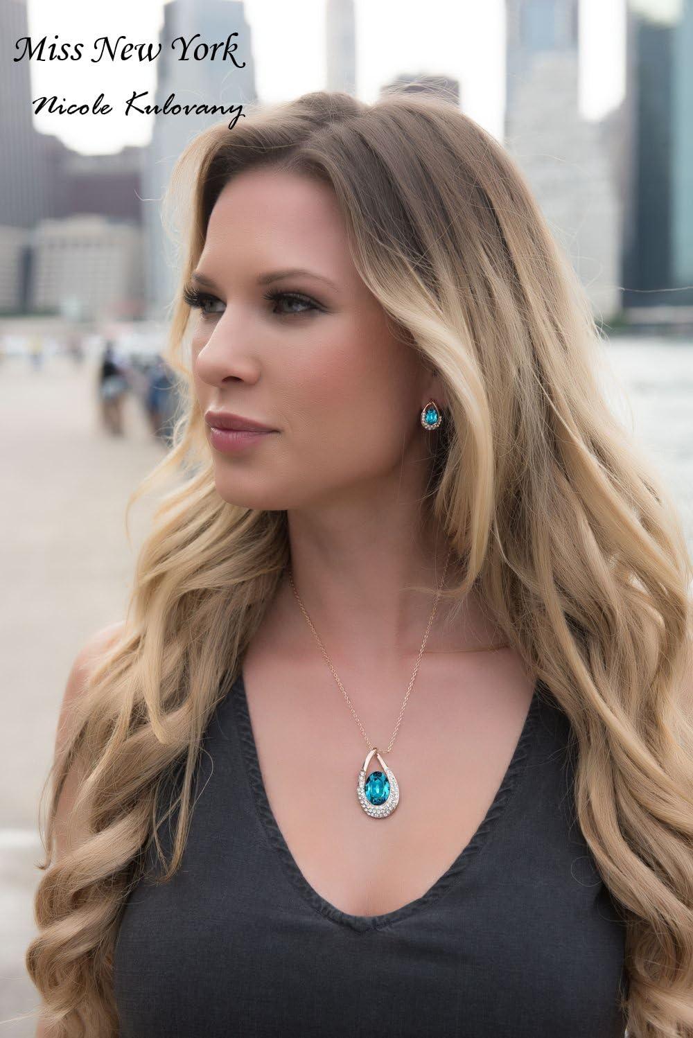 imagePresented by Miss New York Leafael Angels Teardrop Made with Premium Crystals Blue Zircon Jewelry Set Earrings Necklace 18 2 NickelLeadAllergy Free Luxury Gift BoxBlue Main CrystalRose Goldtone Chain