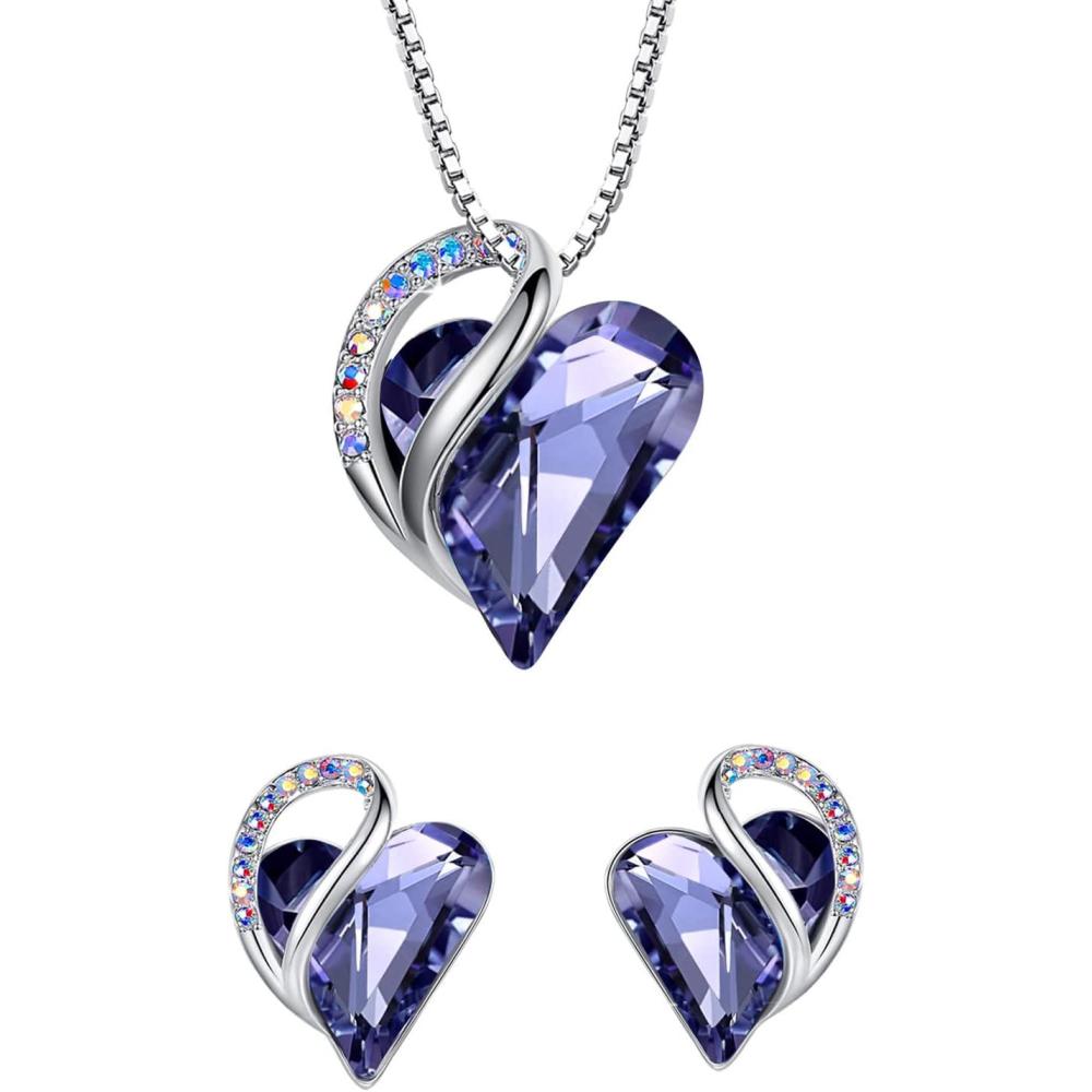 imageLeafael Infinity Love Heart Necklace and Stud Earrings for Women Purple Birthstone Crystal Jewelry Silver Tone Bundle Gifts for Women Tanzanite Purple