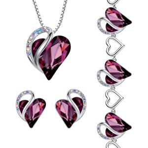 Leafael Infinity Love Heart Necklace, Stud Earrings, and Bracelet for Women, February Birthstone Crystal Jewelry, Silver Tone Gifts for Women, Amethyst Pink