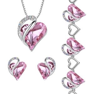 Leafael Infinity Love Heart Necklace, Stud Earrings, and Bracelet for Women, October Birthstone Crystal Jewelry, Silver Tone Gifts for Women, Rose Quartz Pink