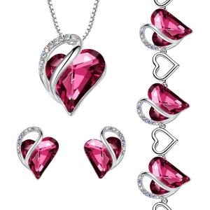 Leafael Infinity Love Heart Necklace, Stud Earrings, and Bracelet for Women, October Birthstone Crystal Jewelry, Silver Tone Gifts for Women, Tourmaline Pink