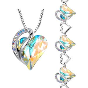 Leafael Infinity Love Heart Necklace and Bracelet for Women, April Birthstone Crystal Jewelry, Silver Tone Bundle Gifts for Women, Rainbow Opal White