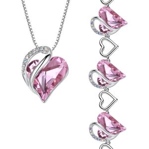 Leafael Infinity Love Heart Necklace and Bracelet for Women, October Birthstone Crystal Jewelry, Silver Tone Bundle Gifts for Women, Rose Quartz Pink