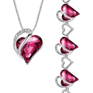 Leafael Infinity Love Heart Necklace and Bracelet for Women, October Birthstone Crystal Jewelry, Silver Tone Bundle Gifts for Women, Tourmaline Pink