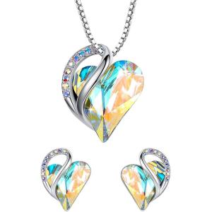 Leafael Infinity Love Heart Necklace and Stud Earrings for Women, April Birthstone Crystal Jewelry, Silver Tone Bundle Gifts for Women, Rainbow Opal White