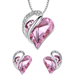 Leafael Infinity Love Heart Necklace and Stud Earrings for Women, October Birthstone Crystal Jewelry, Silver Tone Bundle Gifts for Women, Rose Quartz Pink