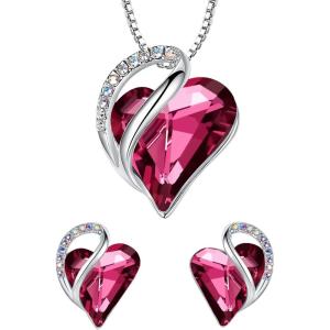 Leafael Infinity Love Heart Necklace and Stud Earrings for Women, October Birthstone Crystal Jewelry, Silver Tone Bundle Gifts for Women, Tourmaline Pink