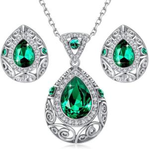 Leafael [Presented by Miss New York] Teardrop Filigree Vintage Style Hypoallergic Jewelry Set Earrings Pendant Necklace Made with Premium Crystals, Silver-tone, 18″ + 2″, Gift Box(Dark Green Crystal/Silver-tone Chain)