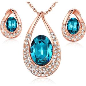 [Presented by Miss New York] Leafael “Angel’s Teardrop” Made with Premium Crystals Blue Zircon Jewelry Set Earrings Necklace, 18″ +2″, Nickel/Lead/Allergy Free, Luxury Gift Box(Blue Main Crystal/Rose Gold-tone Chain)
