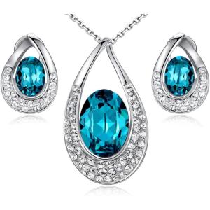 [Presented by Miss New York] Leafael “Angel’s Teardrop” Made with Premium Crystals Blue Zircon Jewelry Set Earrings Necklace, 18″ +2″, Nickel/Lead/Allergy Free, Luxury Gift Box(crystal)