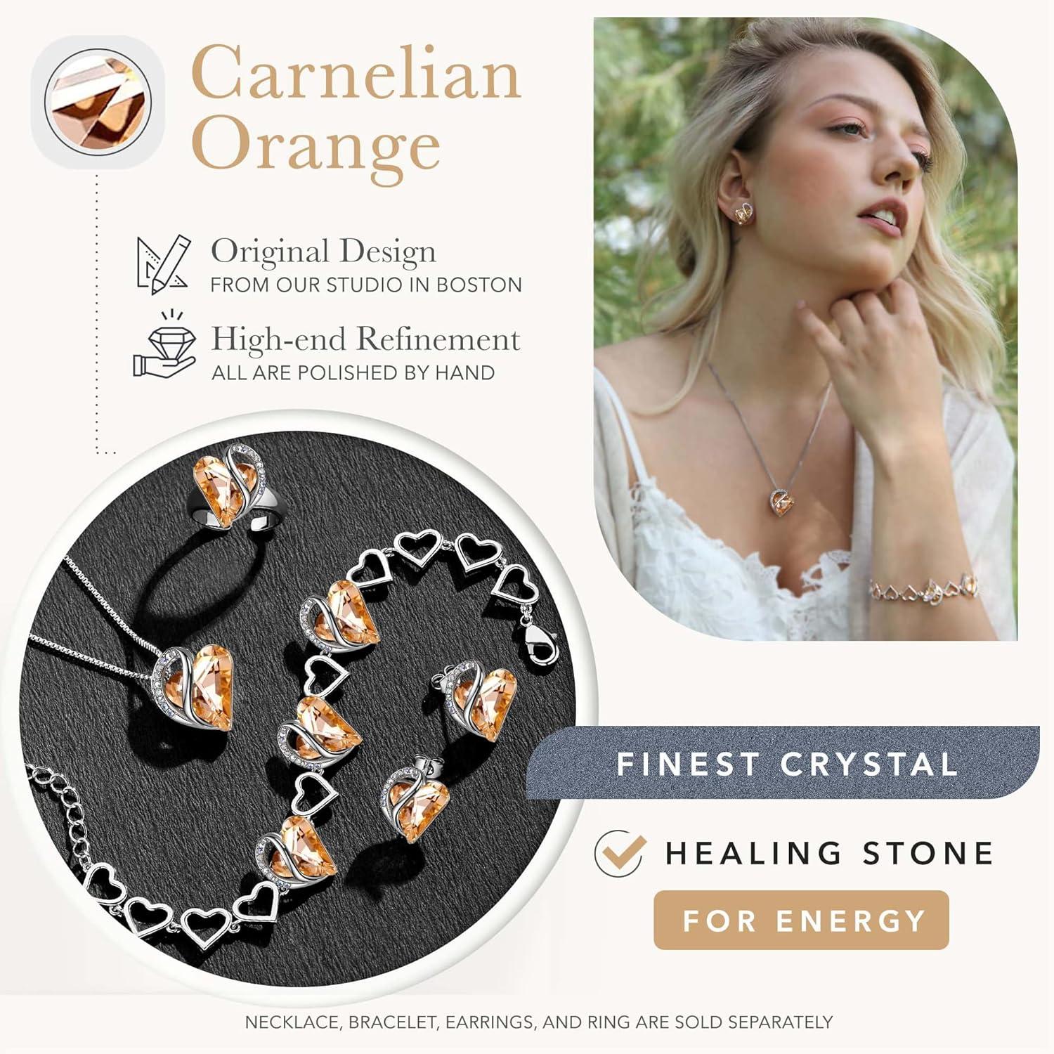 imageLeafael Infinity Love Heart Necklace Stud Earrings and Bracelet for Women Healing Stone for Energy Crystal Jewelry Silver Tone Gifts for Women Carnelian Orange
