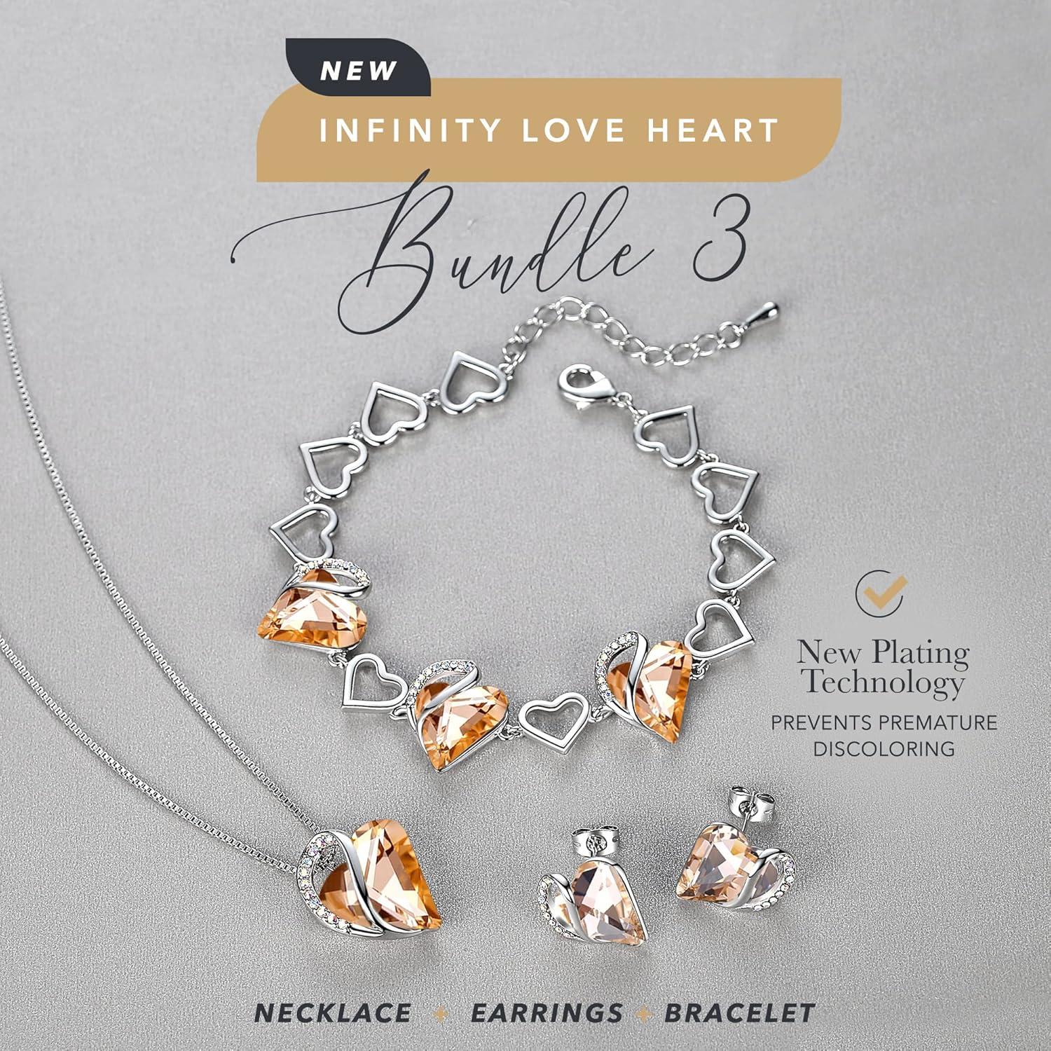 imageLeafael Infinity Love Heart Necklace Stud Earrings and Bracelet for Women Healing Stone for Energy Crystal Jewelry Silver Tone Gifts for Women Carnelian Orange