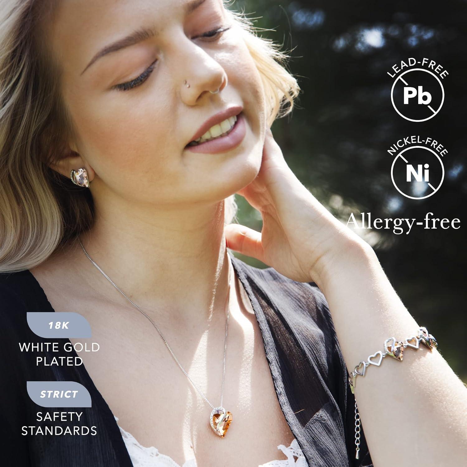 imageLeafael Infinity Love Heart Necklace Stud Earrings and Bracelet for Women Healing Stone for Energy Crystal Jewelry Silver Tone Gifts for Women Carnelian Orange