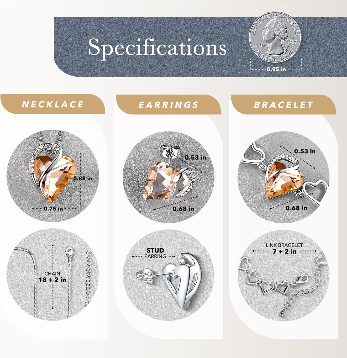 imageLeafael Infinity Love Heart Necklace Stud Earrings and Bracelet for Women Healing Stone for Energy Crystal Jewelry Silver Tone Gifts for Women Carnelian Orange