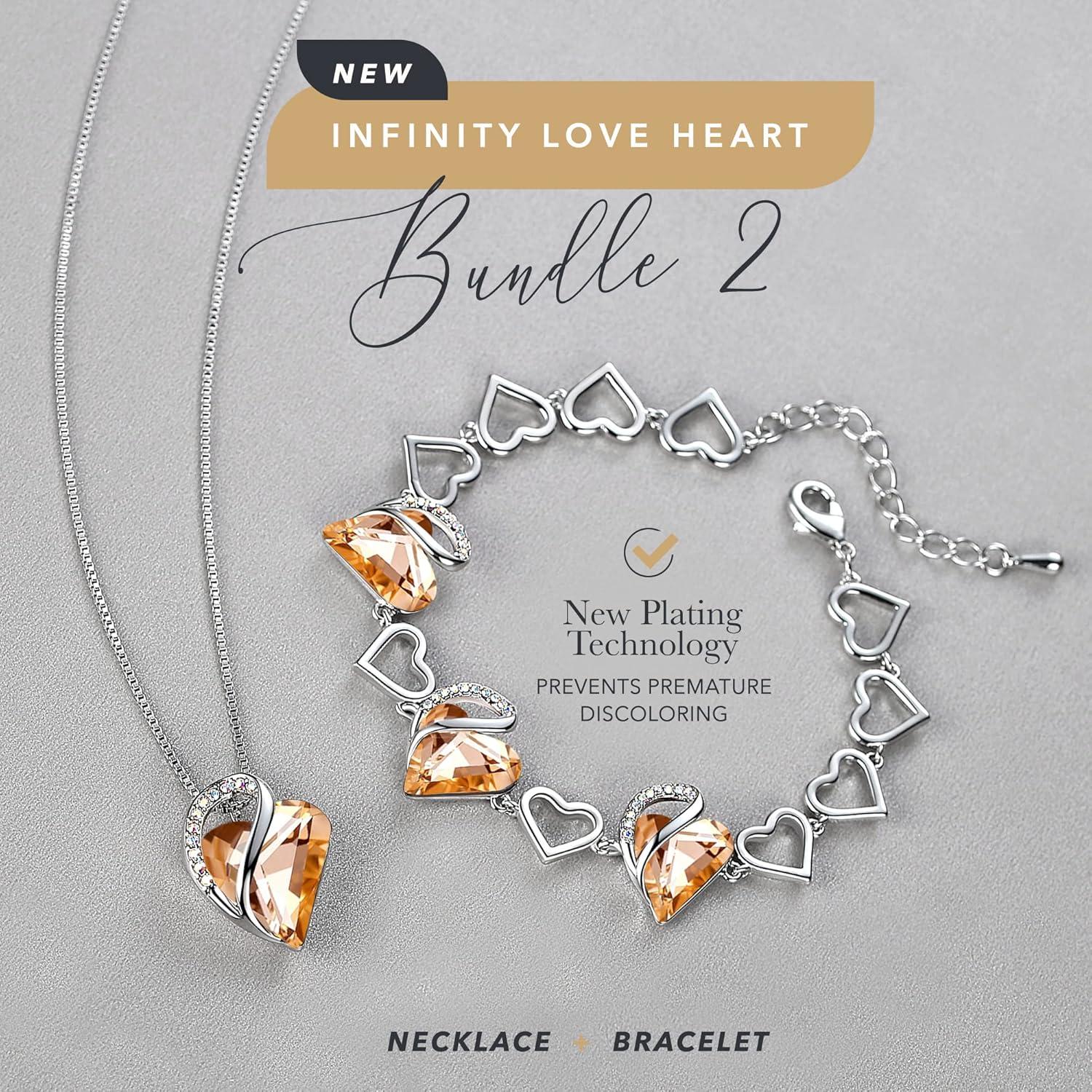 imageLeafael Infinity Love Heart Necklace and Bracelet for Women Healing Stone for Energy Crystal Jewelry Silver Tone Bundle Gifts for Women Carnelian Orange