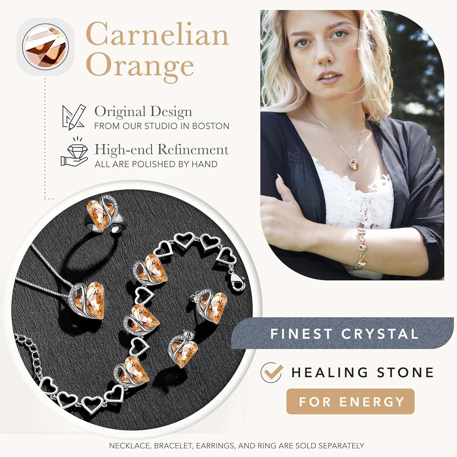 imageLeafael Infinity Love Heart Necklace and Bracelet for Women Healing Stone for Energy Crystal Jewelry Silver Tone Bundle Gifts for Women Carnelian Orange