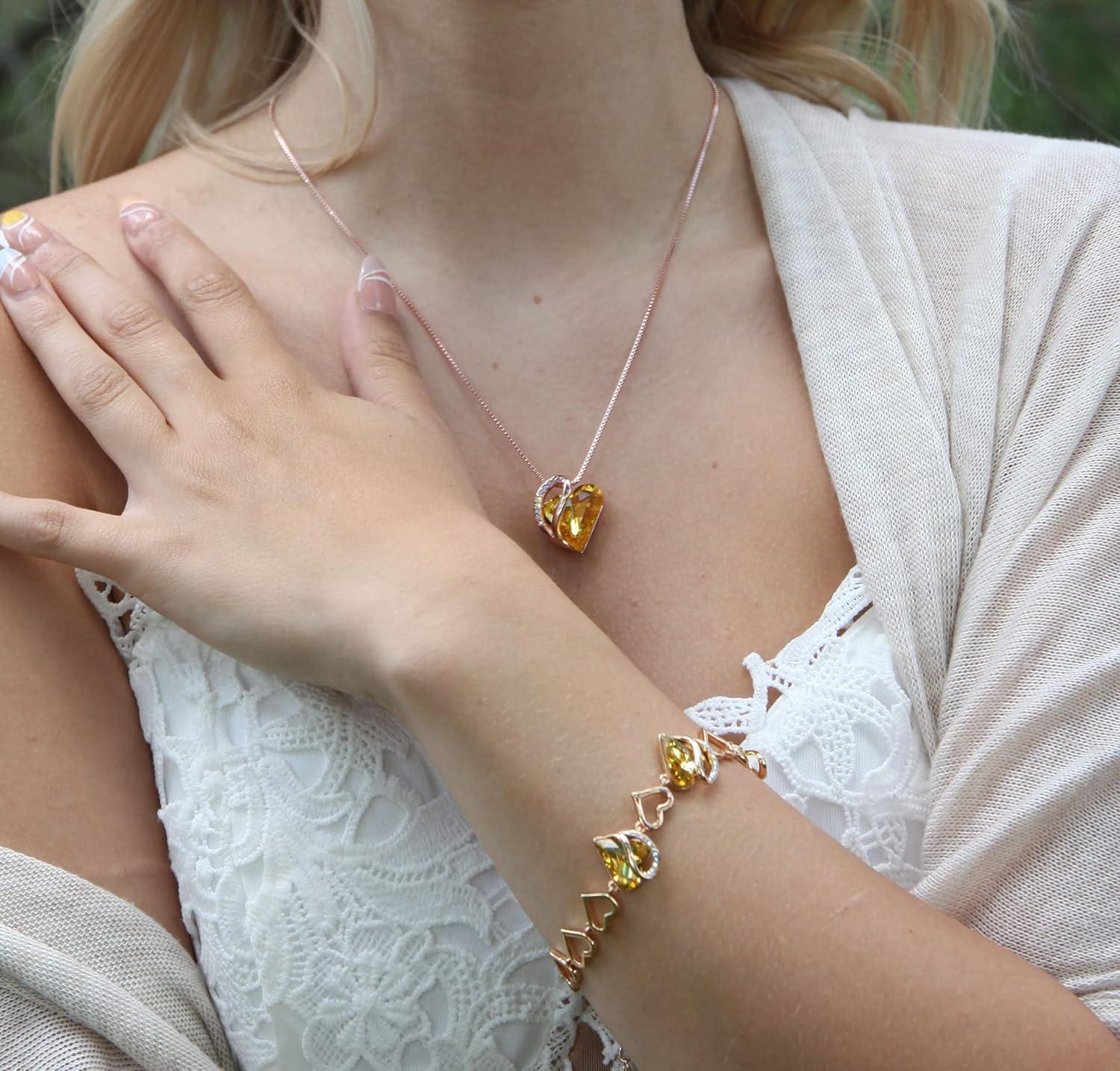 imageLeafael Infinity Love Crystal Heart Bundle Jewelry Set with Amber Brown Healing Stone Crystal for Balance Gifts for Women Necklace Earrings Bracelet 18K Rose Gold Plated