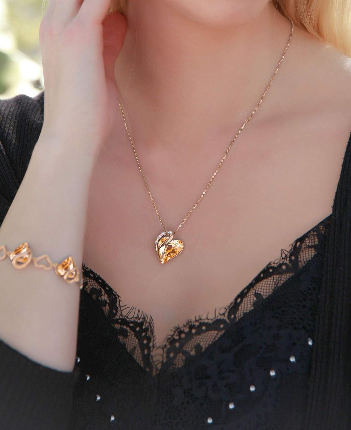 imageLeafael Infinity Love Crystal Heart Bundle Jewelry Set with Citrine Golden Yellow Healing Stone for Happiness Gifts for Women Necklace Earrings Bracelet 18K Rose Gold Plated
