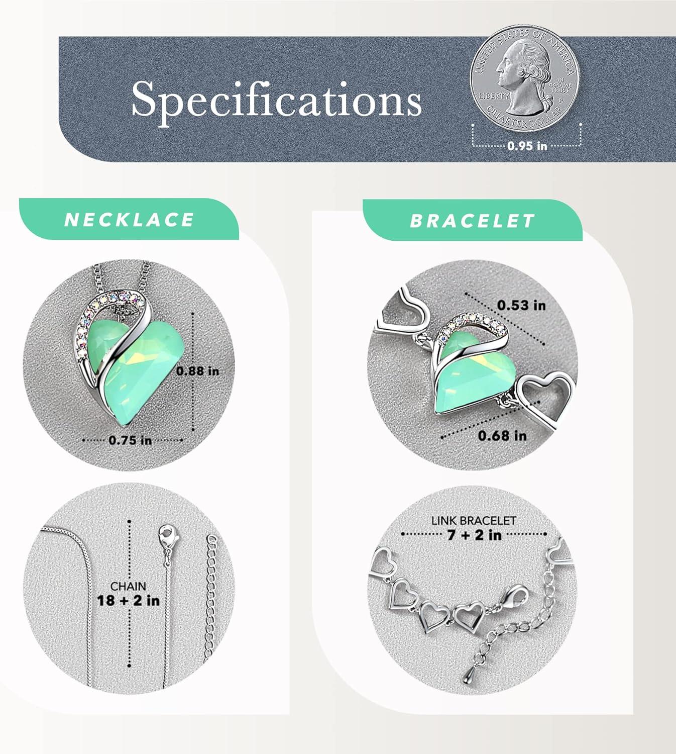imageLeafael Infinity Love Heart Necklace and Bracelet for Women Healing Stone for Luck Crystal Jewelry Silver Tone Bundle Gifts for Women Opal Green