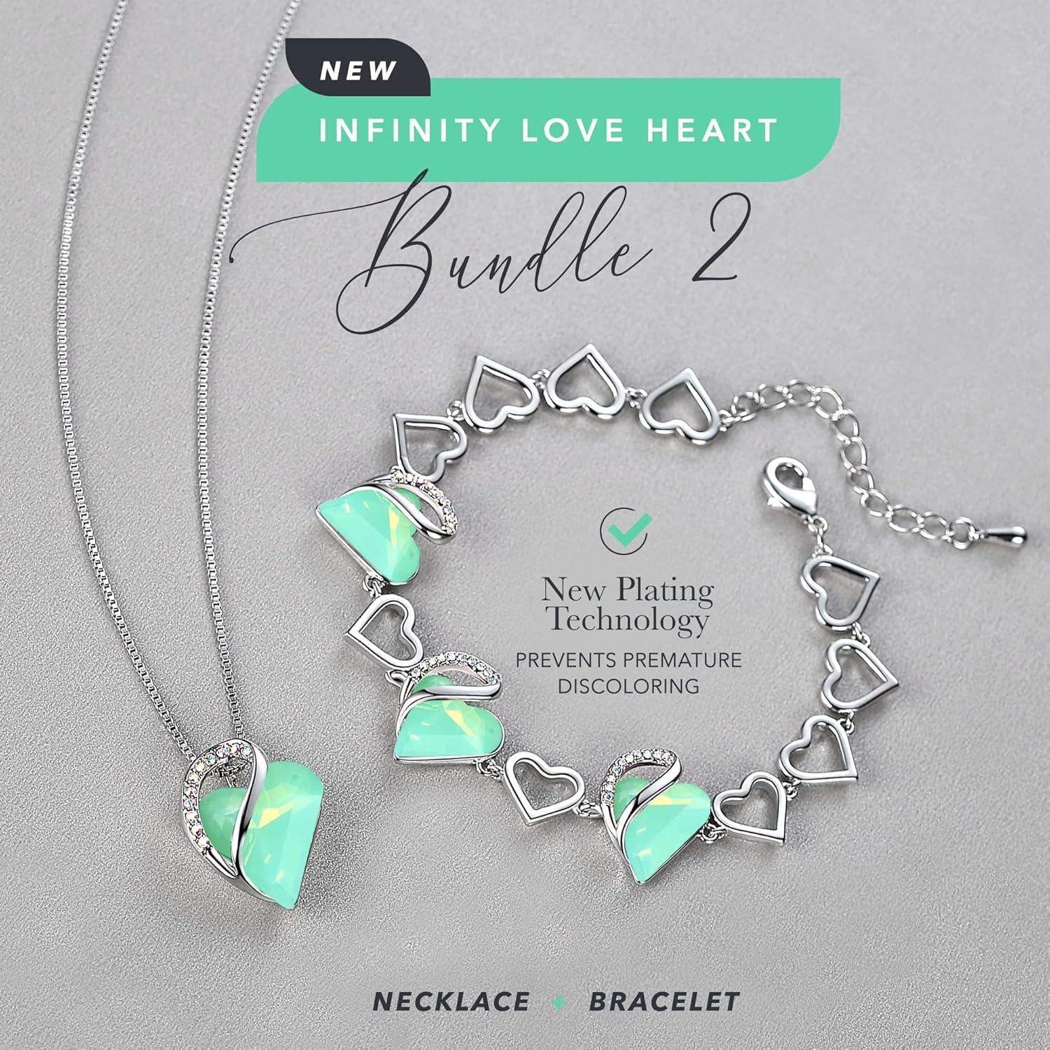 imageLeafael Infinity Love Heart Necklace and Bracelet for Women Healing Stone for Luck Crystal Jewelry Silver Tone Bundle Gifts for Women Opal Green