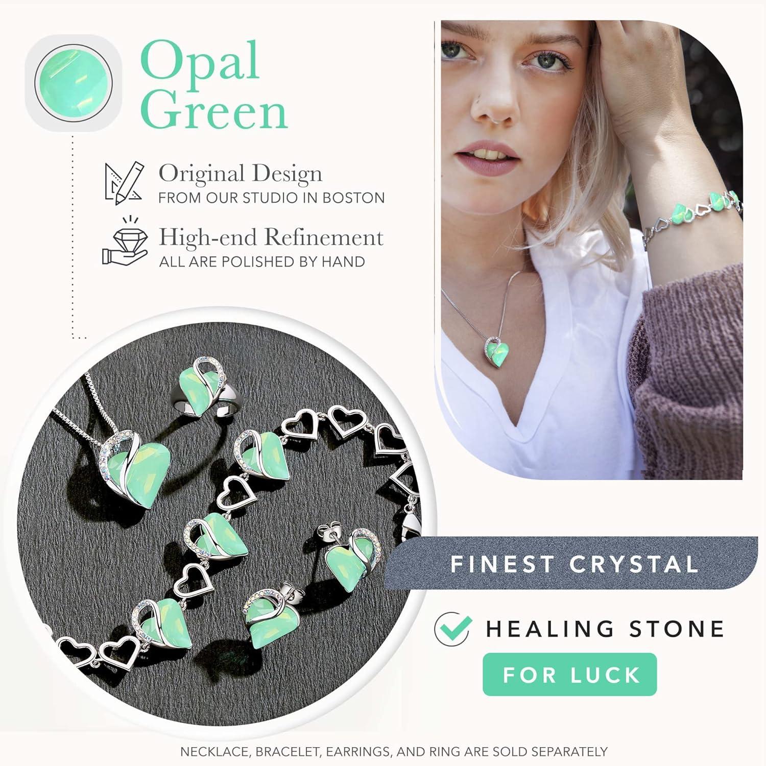 imageLeafael Infinity Love Heart Necklace and Bracelet for Women Healing Stone for Luck Crystal Jewelry Silver Tone Bundle Gifts for Women Opal Green
