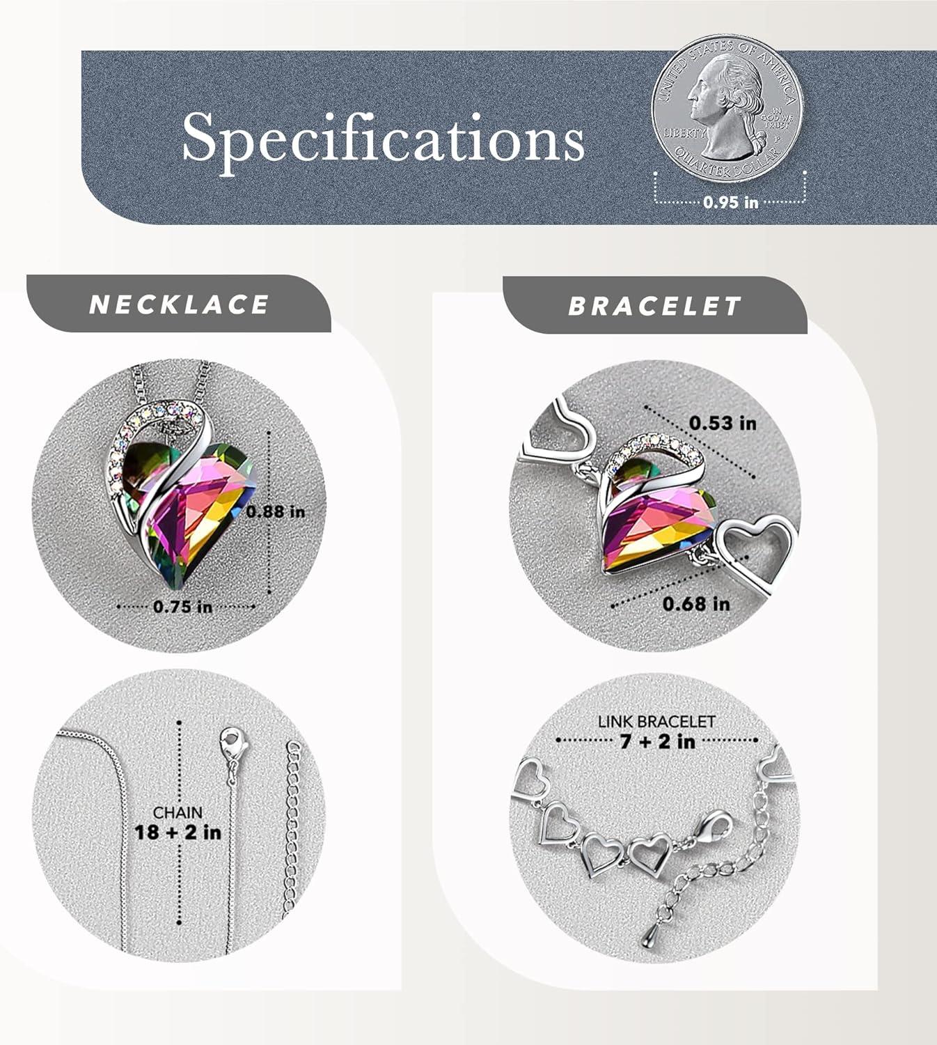 imageLeafael Infinity Love Heart Necklace and Bracelet for Women Healing Stone for Protection Crystal Jewelry Silver Tone Bundle Gifts for Women Rainbow Black