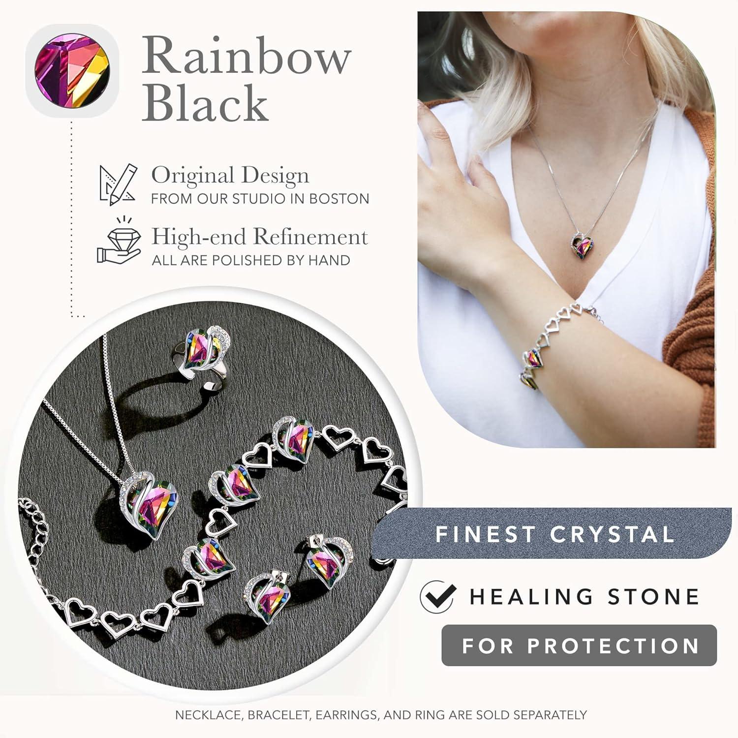 imageLeafael Infinity Love Heart Necklace and Bracelet for Women Healing Stone for Protection Crystal Jewelry Silver Tone Bundle Gifts for Women Rainbow Black