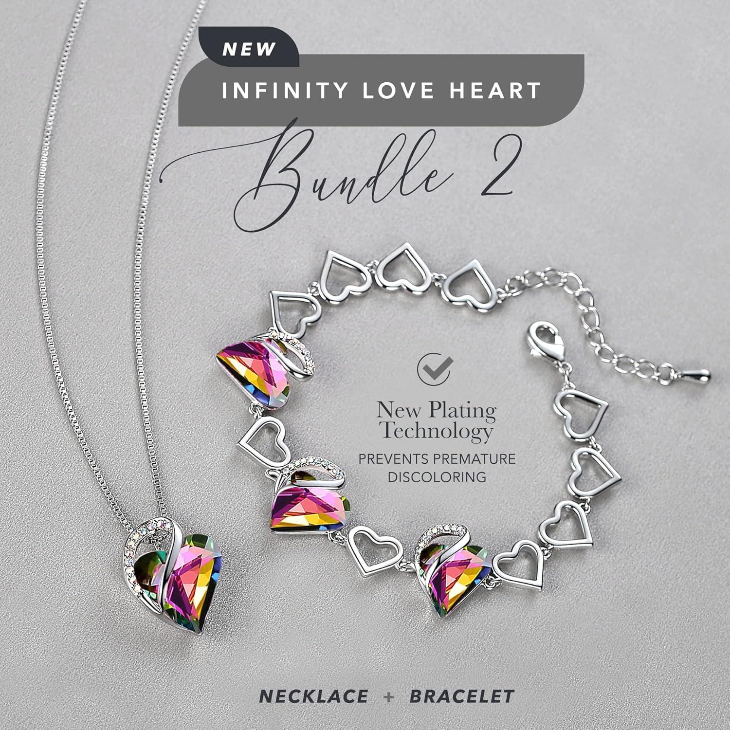 imageLeafael Infinity Love Heart Necklace and Bracelet for Women Healing Stone for Protection Crystal Jewelry Silver Tone Bundle Gifts for Women Rainbow Black