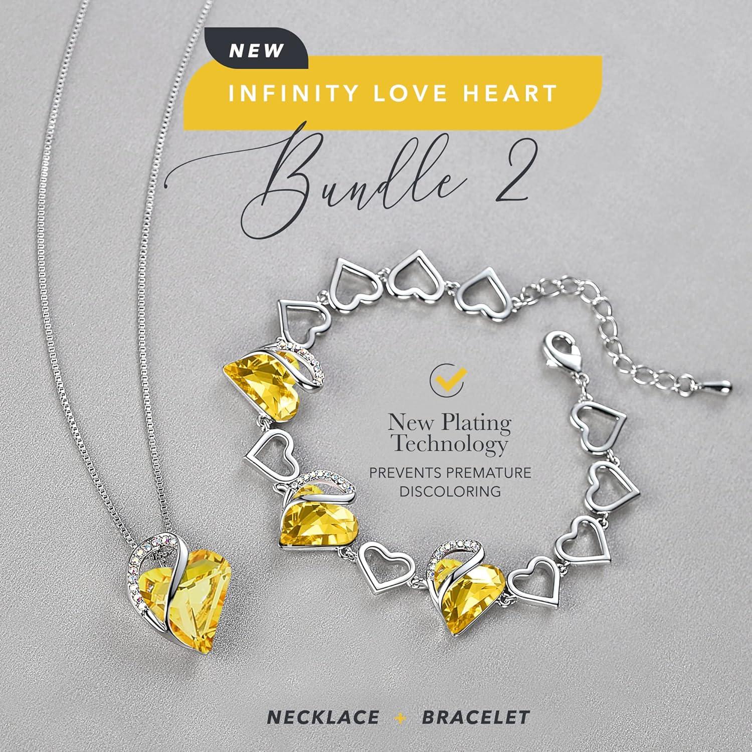 imageLeafael Infinity Love Heart Necklace and Bracelet for Women November Birthstone Crystal Jewelry Silver Tone Bundle Gifts for Women Citrine Yellow