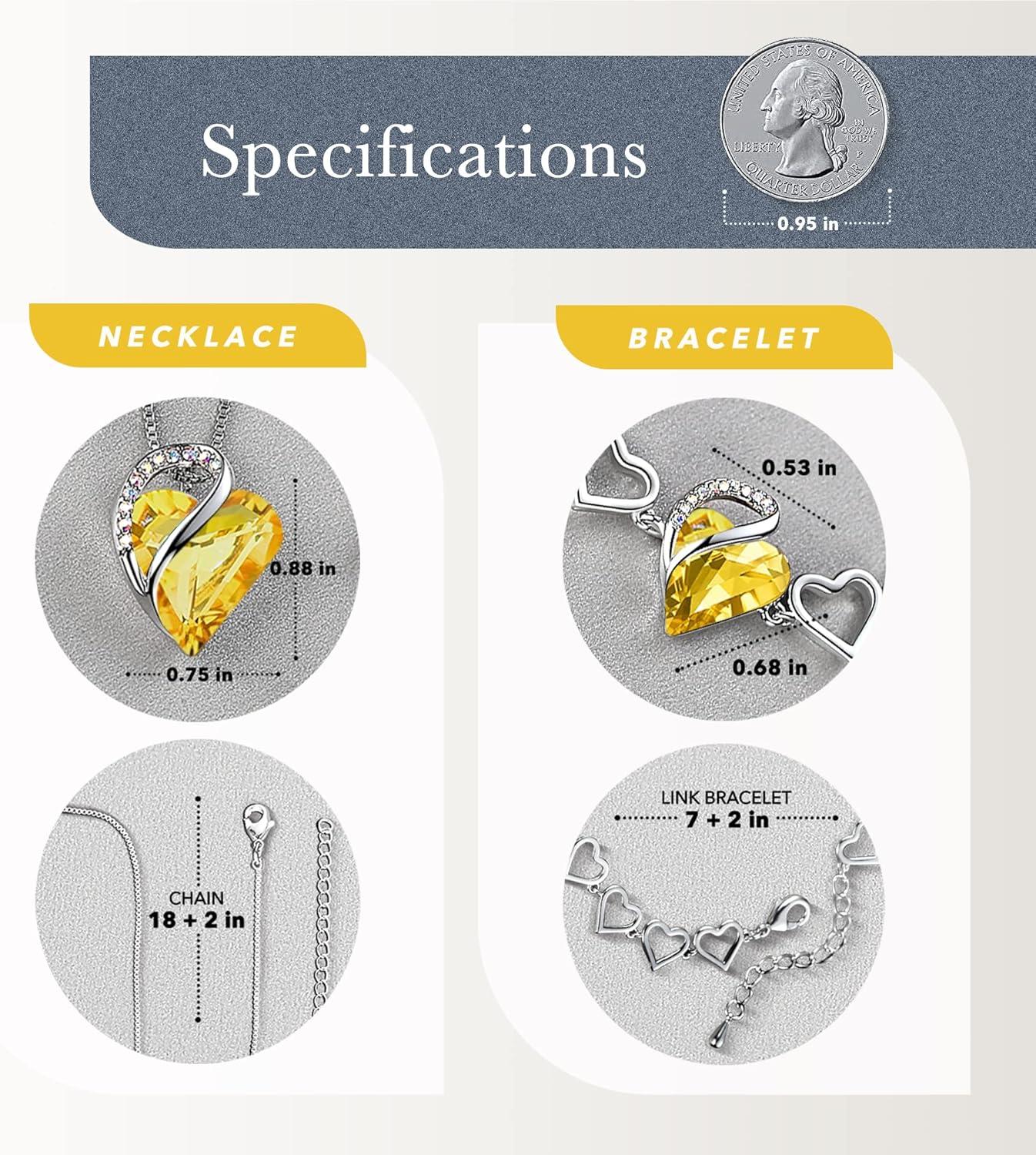 imageLeafael Infinity Love Heart Necklace and Bracelet for Women November Birthstone Crystal Jewelry Silver Tone Bundle Gifts for Women Citrine Yellow