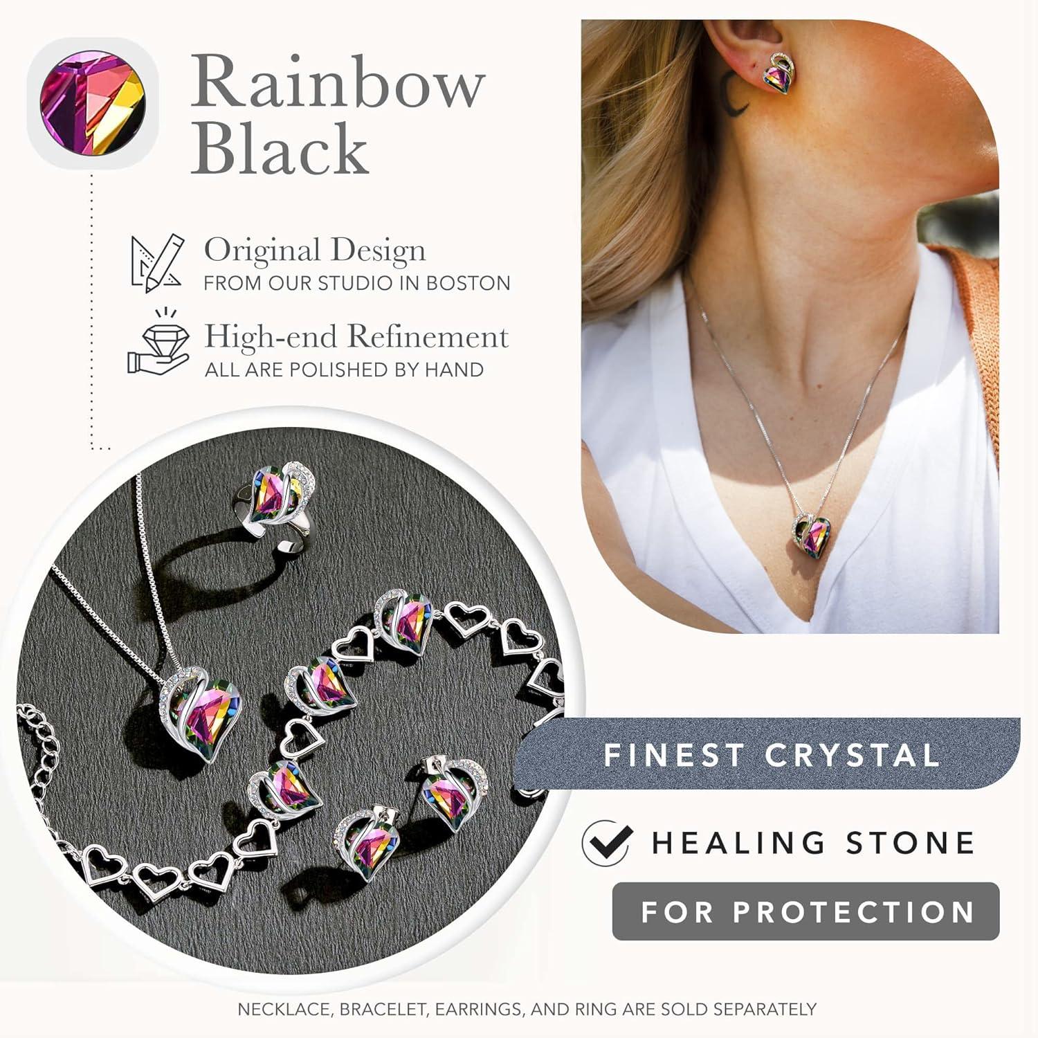 imageLeafael Infinity Love Heart Necklace and Stud Earrings for Women Healing Stone for Protection Crystal Jewelry Silver Tone Bundle Gifts for Women Rainbow Black