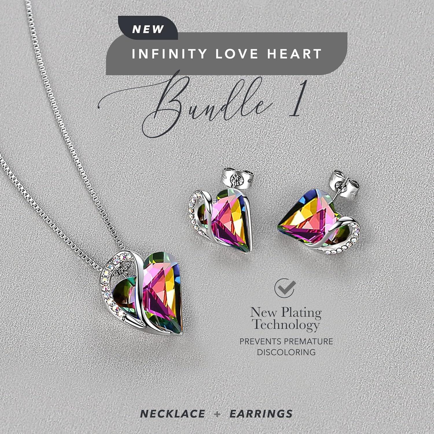 imageLeafael Infinity Love Heart Necklace and Stud Earrings for Women Healing Stone for Protection Crystal Jewelry Silver Tone Bundle Gifts for Women Rainbow Black