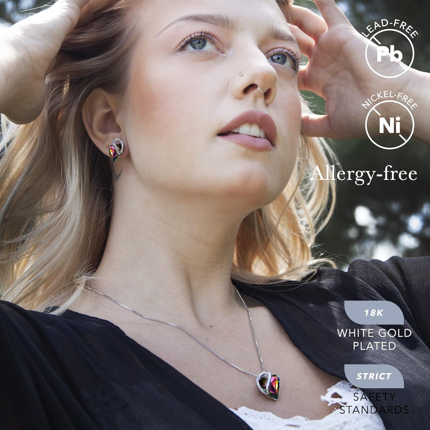 imageLeafael Infinity Love Heart Necklace and Stud Earrings for Women Healing Stone for Protection Crystal Jewelry Silver Tone Bundle Gifts for Women Rainbow Black