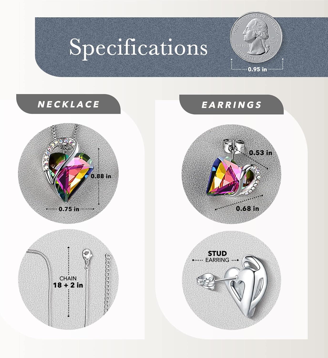imageLeafael Infinity Love Heart Necklace and Stud Earrings for Women Healing Stone for Protection Crystal Jewelry Silver Tone Bundle Gifts for Women Rainbow Black