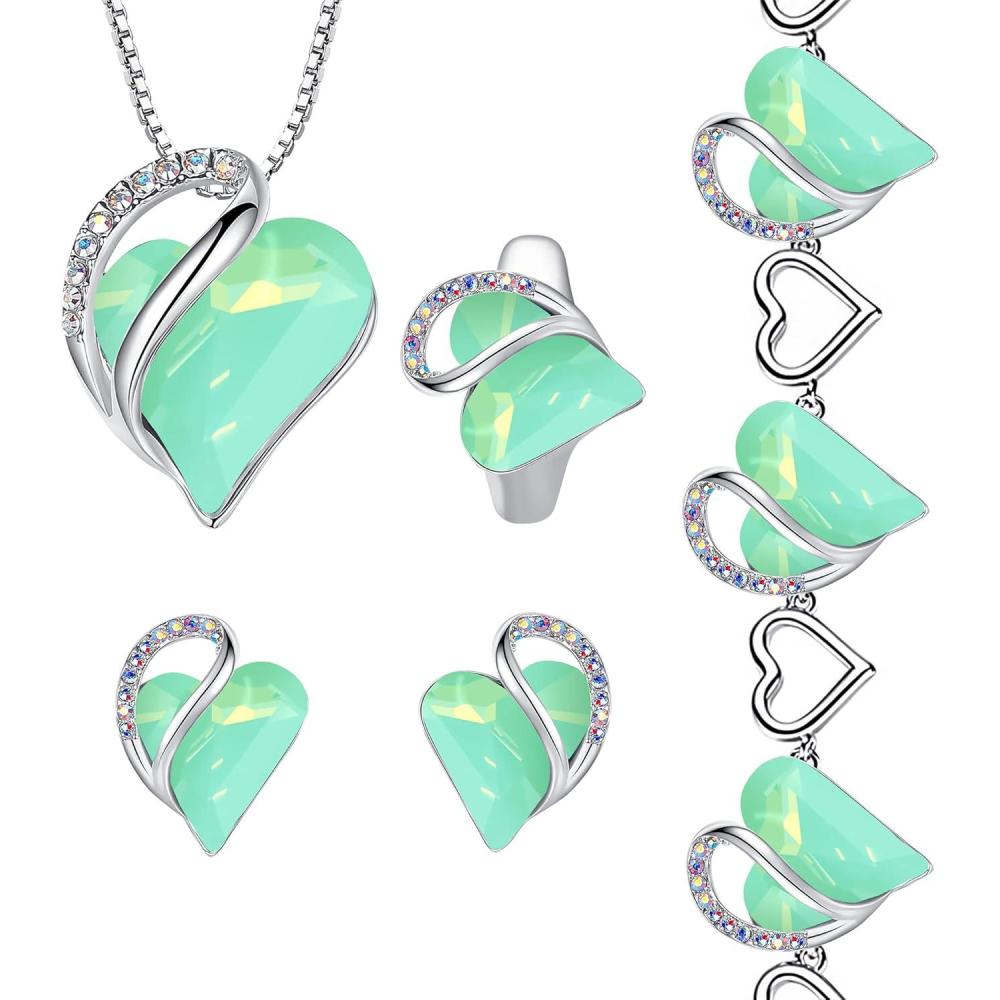 imageLeafael Infinity Love Heart Necklace Stud Earrings Bracelet and Ring Set Healing Stone for Luck Crystal Jewelry Silver Tone Gifts for Women Opal Green