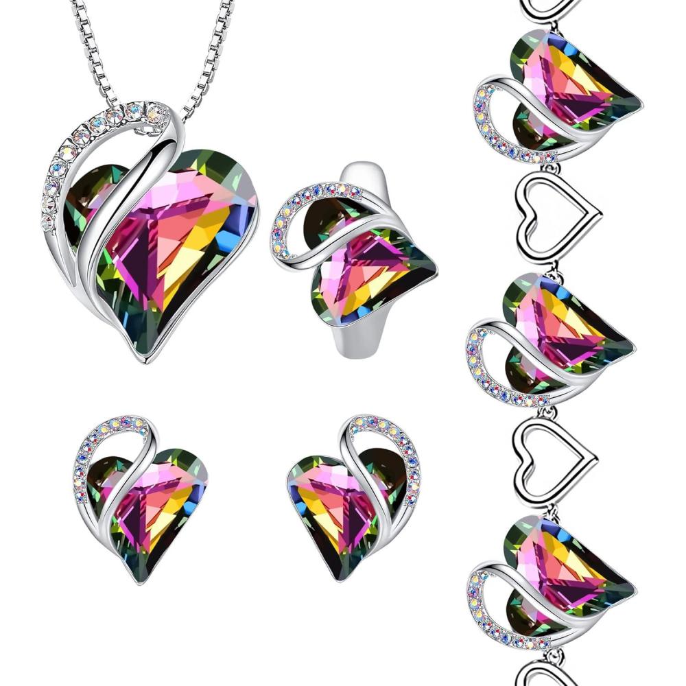 imageLeafael Infinity Love Heart Necklace Stud Earrings Bracelet and Ring Set Healing Stone for Protection Crystal Jewelry Silver Tone Gifts for Women Rainbow Black