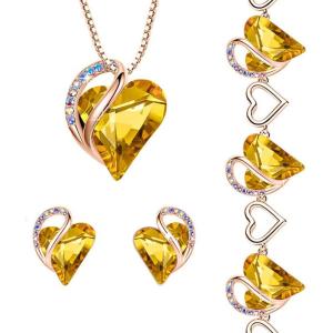 Leafael Infinity Love Crystal Heart Bundle Jewelry Set with Amber Brown Healing Stone Crystal for Balance Gifts for Women Necklace Earrings Bracelet, 18K Rose Gold Plated