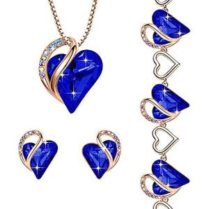 Leafael Infinity Love Crystal Heart Bundle Jewelry Set with Lapis Lazuli Cobalt Blue Healing Stone Crystal for Wisdom Gifts for Women Necklace Earrings Bracelet, 18K Rose Gold Plated