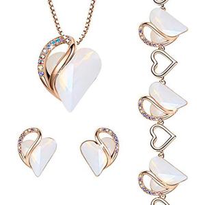 Leafael Infinity Love Crystal Heart Bundle Jewelry Set with Opal White Healing Stone Crystal for Transformation Gifts for Women Necklace Earrings Bracelet, 18K Rose Gold Plated