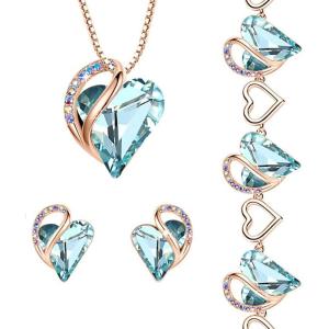 Leafael Infinity Love Crystal Heart Bundle Jewelry Set with Topaz Light Blue Healing Stone Crystal for Clear Mind Gifts for Women Necklace Earrings Bracelet, 18K Rose Gold Plated