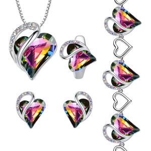 Leafael Infinity Love Heart Necklace, Stud Earrings, Bracelet, and Ring Set, Healing Stone for Protection Crystal Jewelry, Silver Tone Gifts for Women, Rainbow Black