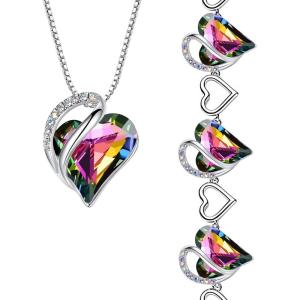 Leafael Infinity Love Heart Necklace and Bracelet for Women, Healing Stone for Protection Crystal Jewelry, Silver Tone Bundle Gifts for Women, Rainbow Black